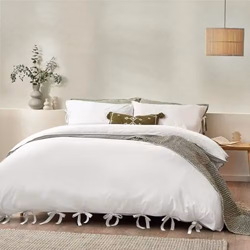 Riva Home Yard Mallow Bow Tie 100% Cotton Percale Duvet Cover Set in White, 90 x 200 cm