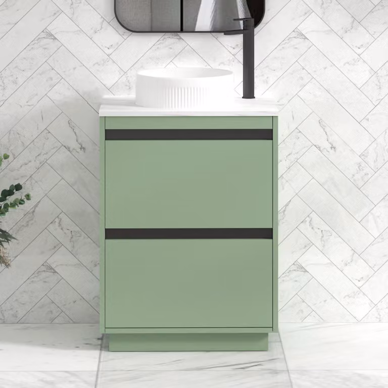 Royal Bathrooms Orion 600mm Mint Sage Floor Standing Vanity Unit with 2 Drawers, Round Basin and Black Accent Trim