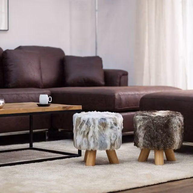 Wyld and Coco Round Faux Fur Footstool in Brown and Beige with Rubberwood Tripod Base