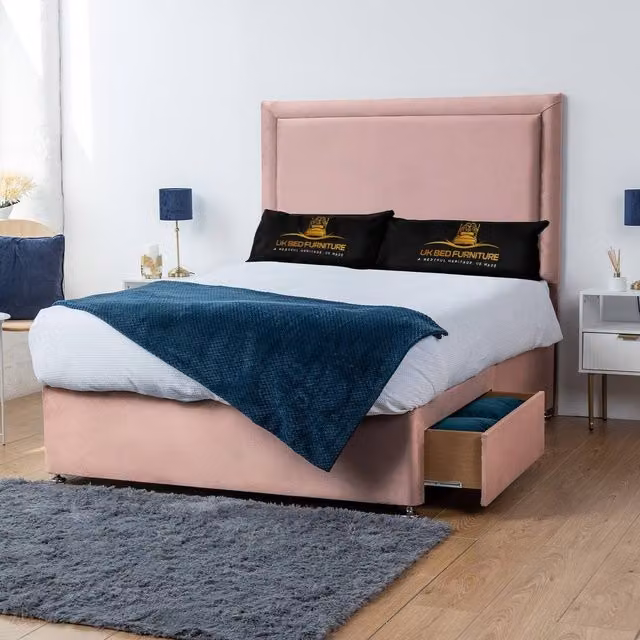 UK Bed Furniture Ascot Super King Divan Bed with 2 Drawers Same Side and 26 Inch Headboard in Pink Velvet