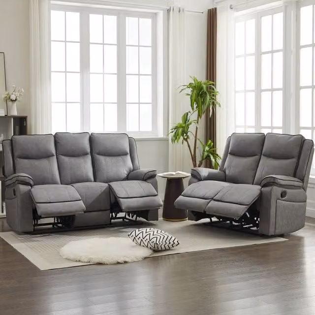 Furniture One Grey Fabric Manual Reclining 5 Piece Sofa Suite Including 3 Seater, 2 Seater and Armchair, W: 196 cm