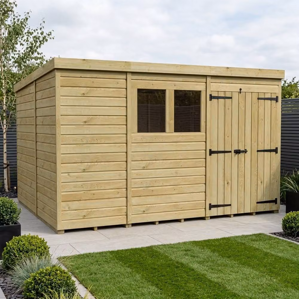Buttercup Farm Brown Timber Pent Garden Shed with Double Doors and Windows, W/D/H: 335.28 x 305 x 210 cm – 2