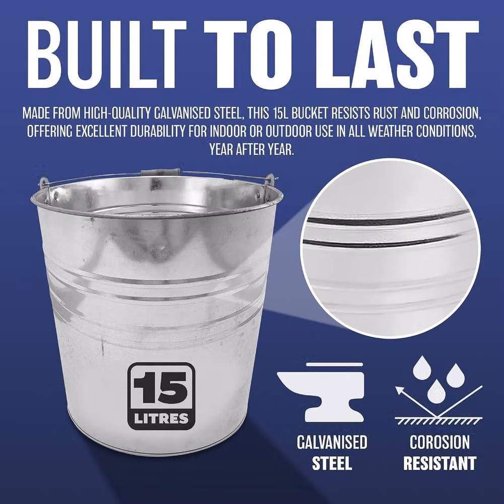 BARGAINS-GALORE Silver Galvanised Steel Multipurpose Bucket with Wooden Handle, 15l – 2