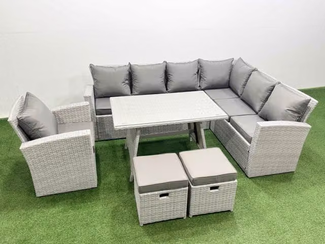 Fimous 9 Seater Rattan Garden Furniture Set with Dining Table and Armchairs in Light Grey