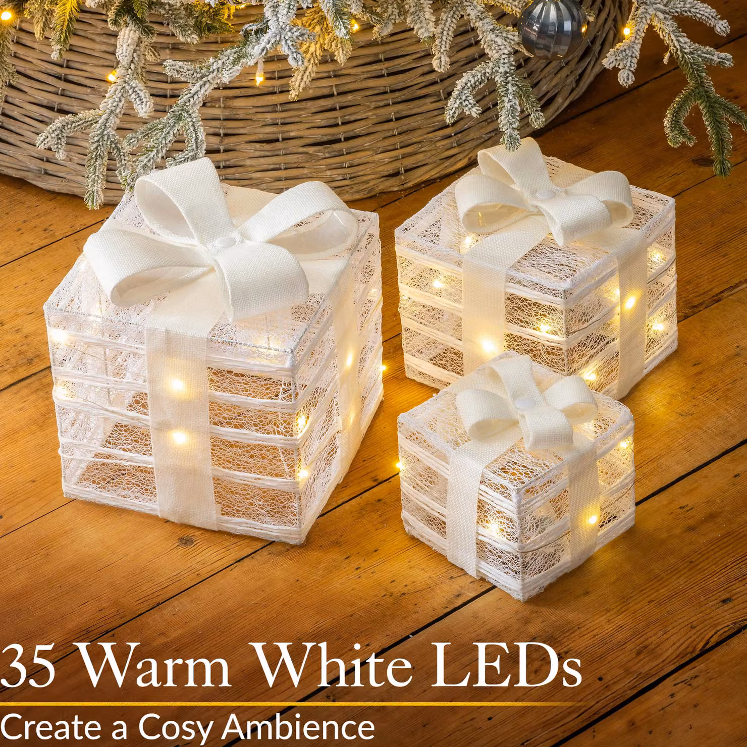 Christow Set of 3 LED Light Up Christmas Present Parcels in Cream and Beige – 2