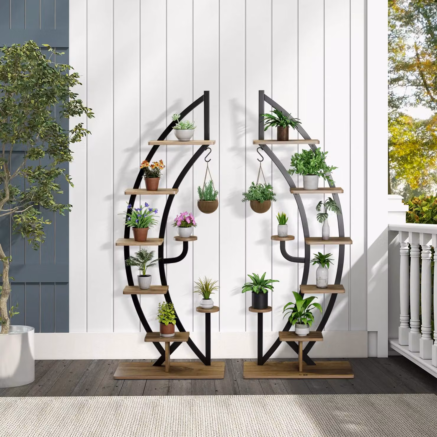 Costway Set of 2 Tall Wooden 8-Tier Plant Stand Racks in Natural Brown with Curved Half Moon Ladder Shelf Design – 3