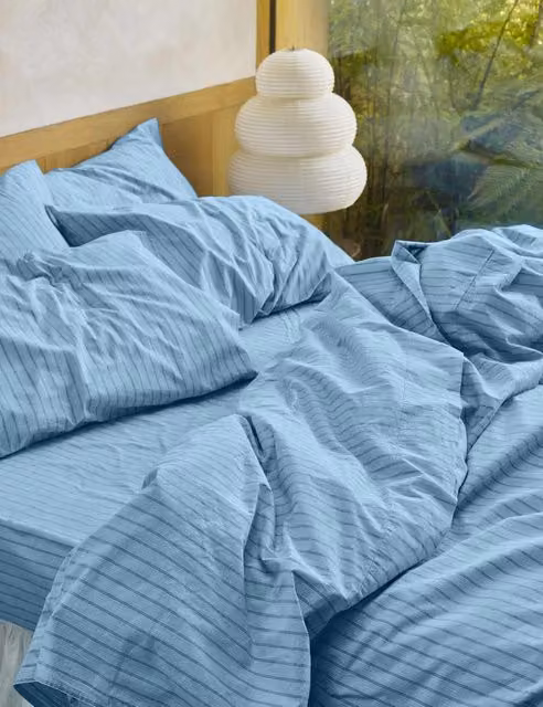 Piglet In Bed Blue Mix Striped Washed Cotton Percale Duvet Cover
