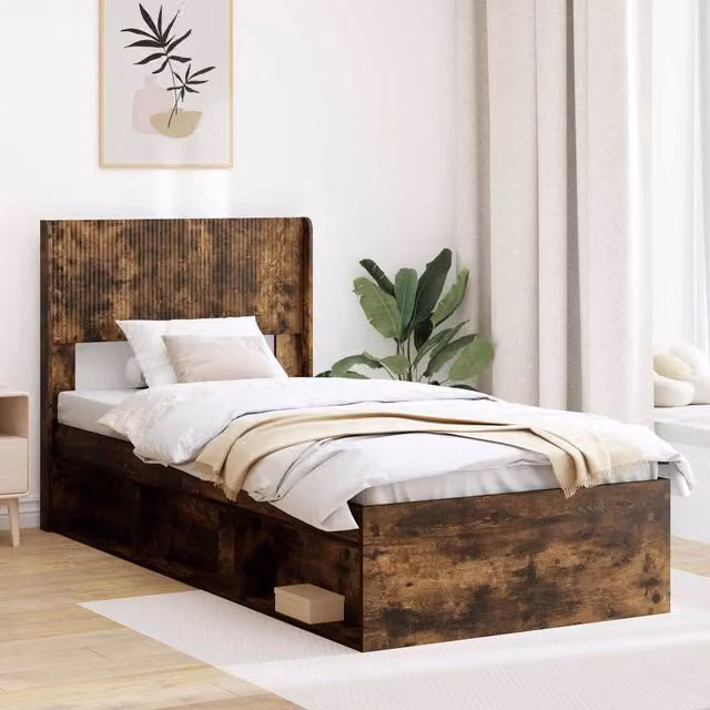 Berkfield Home Modern Bed Frame with Headboard and Side Compartment Storage, Smoked Oak Brown, W/D/H: 90 x 190 cm – 1