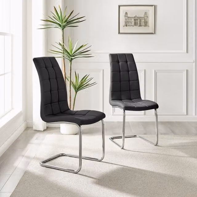 FurnitureboxUK Set of 2 Murano Modern Dining Chairs in Black Faux Leather with Silver Chrome Metal Legs – 1