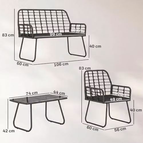 Outsunny 4 Piece Rattan Garden Furniture Set in Black with Upholstered Cushions and Powder Coated Steel Frame – 4