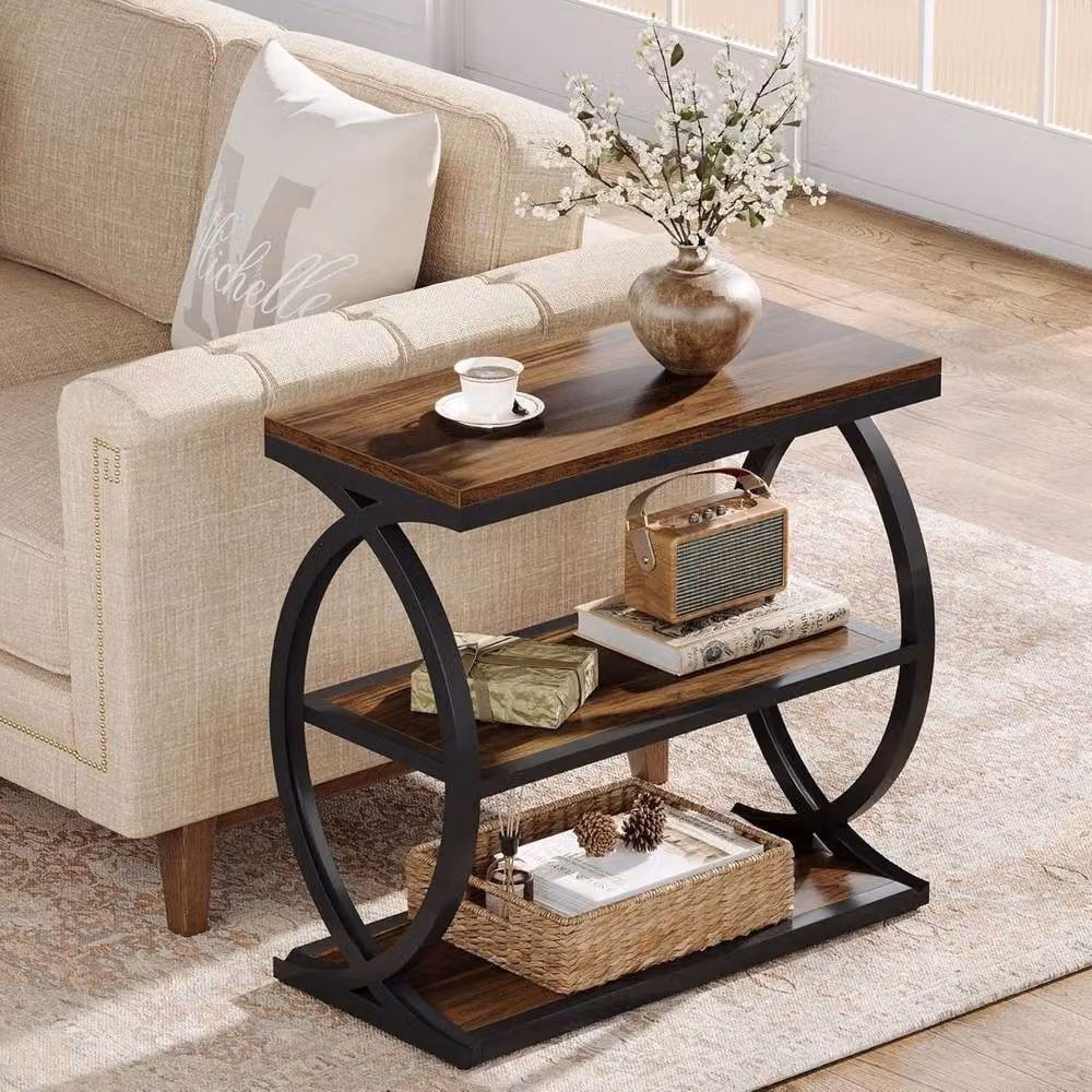 VOGREX Industrial 3-Tier Narrow Wooden Side Table and Nightstand in Brown and Black – 3