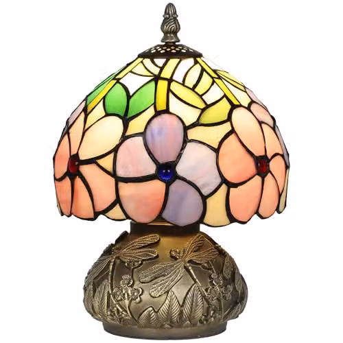 HOMCOM Tiffany-Style Table Lamp with Sculpted Dragonfly Base in Pink, Bronze and Multicolour – 1