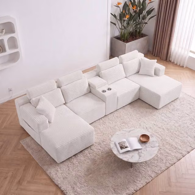Merax 370cm U-Shape Modular Corner Sofa with Chaise and Cup Holders in Off-White – 1