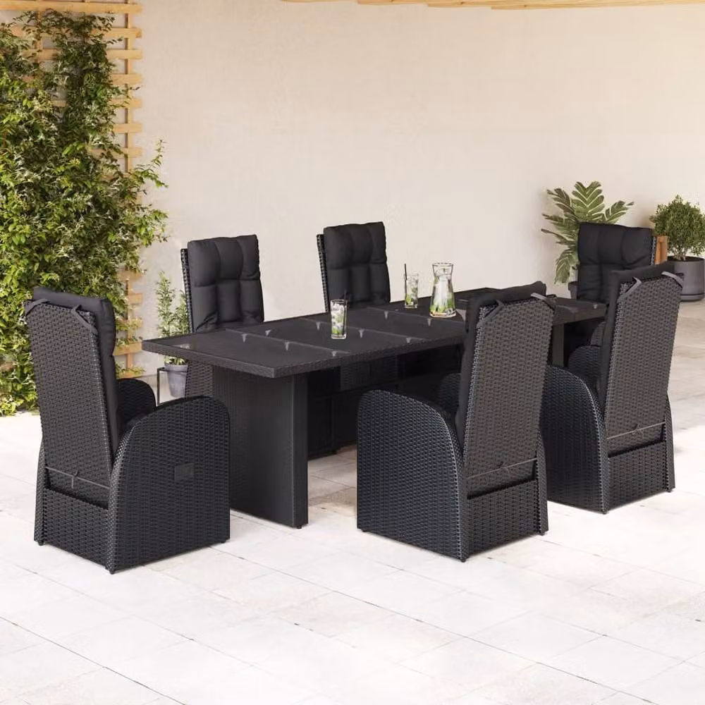 Berkfield Home 7 Piece Black Poly Rattan Garden Dining Set with Cushions and Glass Top – 2