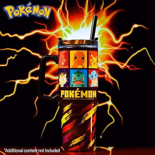 Pokemon Insulated Travel Mug with Straw and Handle, Black and Multicolour, 940ml – 2
