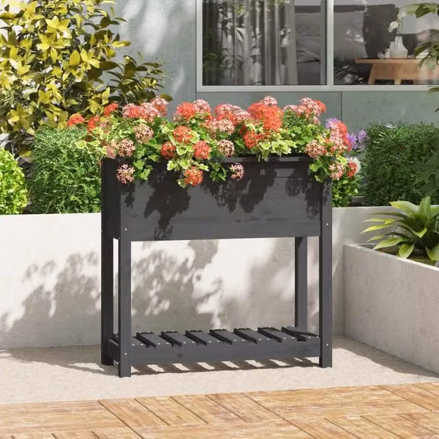 Berkfield Home Grey Solid Pine Wooden Raised Planter with Shelf W/D/H: 82.5 x 34.5 x 81 cm