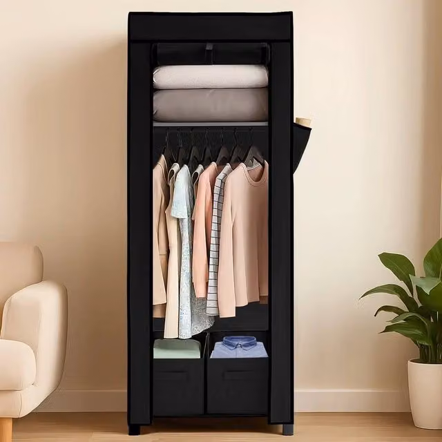 KORVIXA Portable Fabric Wardrobe in Black with Integrated Drawers and Hanging Rod, W/D/H: 100 x 100 x 100 cm – 1