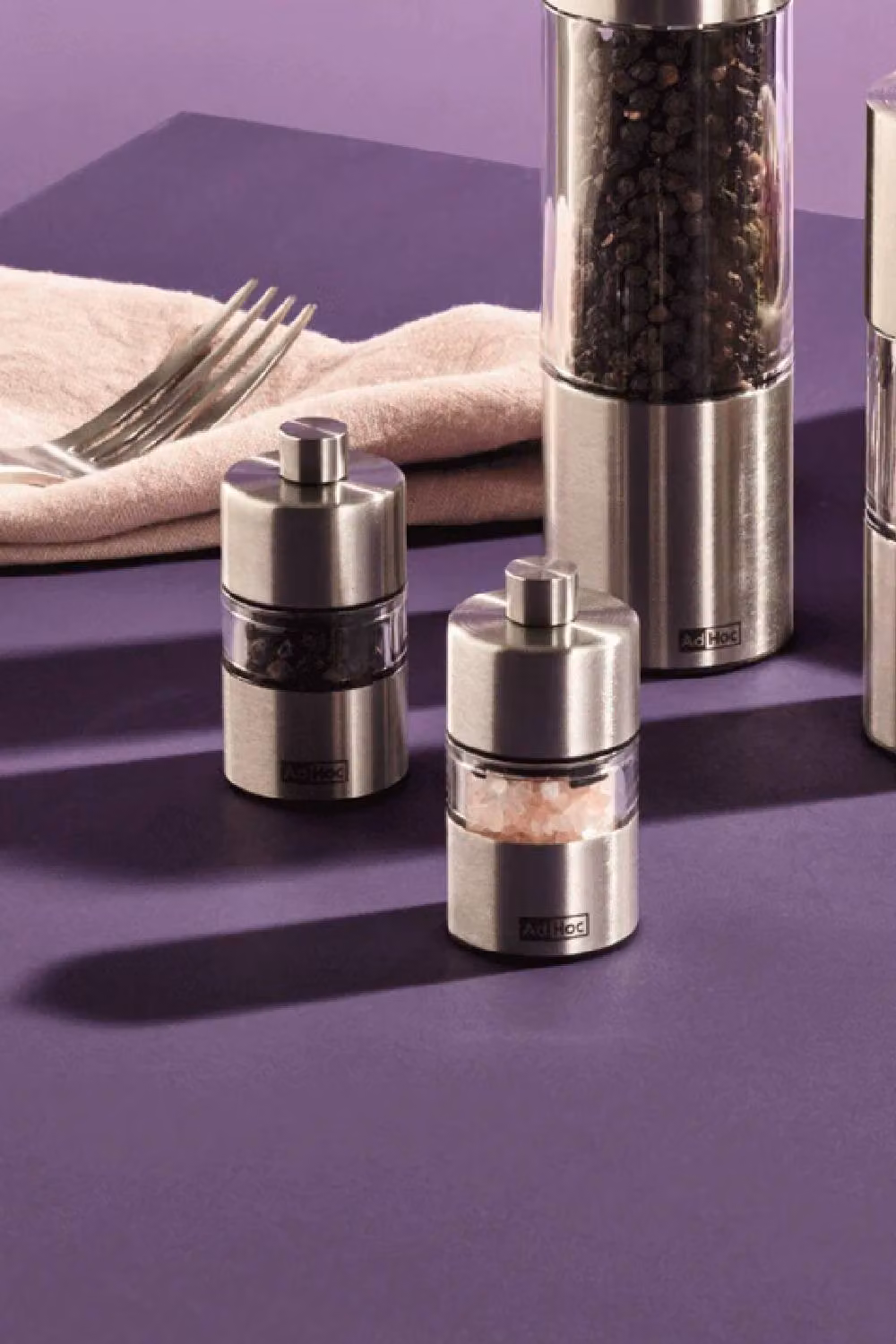 AdHoc MP31 MINIMILL Salt and Pepper Mill Set in Silver and Transparent with Ceramic Grinders, H 6.2 cm x D 3.2 cm – 3