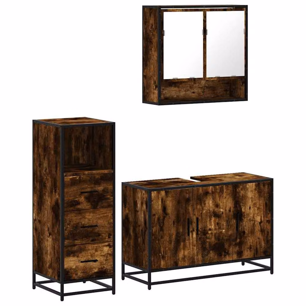 Berkfield Home 3 Piece Industrial Bathroom Furniture Set in Smoked Oak Brown featuring Mirror Cabinet, Vanity Unit and Tall Cabinet – 2