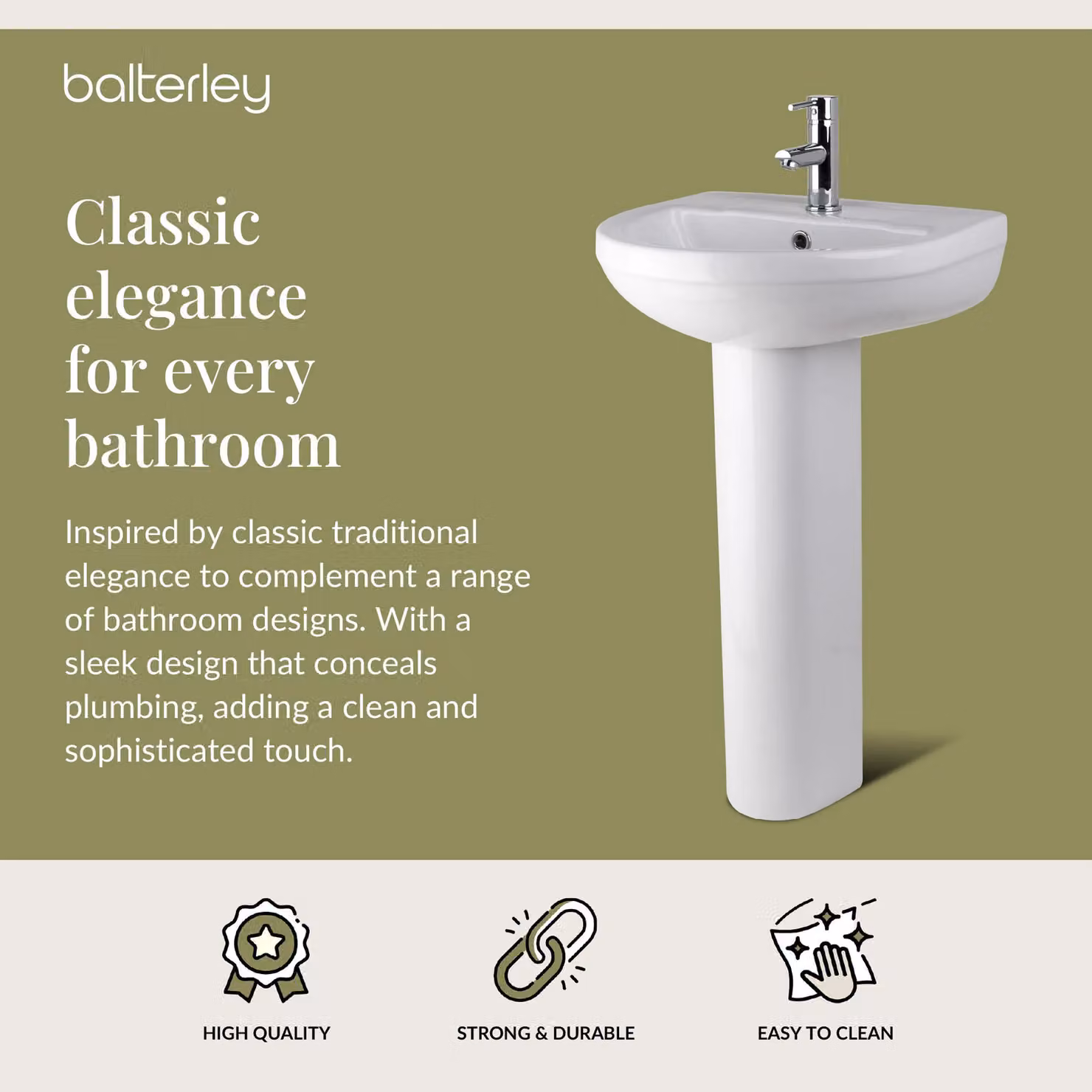 Balterley Round 1 Tap Hole Basin with Full Pedestal, White, W: 50.0 cm, D: 41.6 cm, H: 82.3 cm – 2