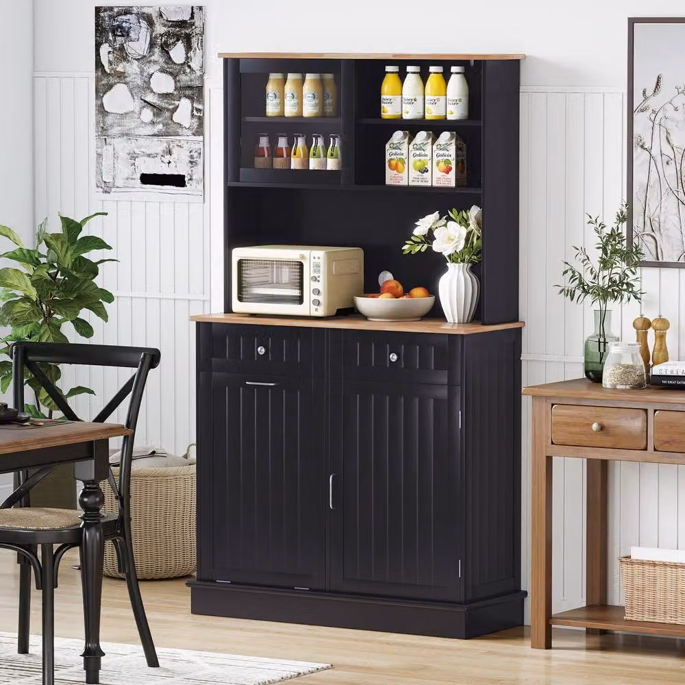 Costway Double Tilt Out Trash Cabinet with Hutch Kitchen Pantry Storage Cabinet in Black – 4
