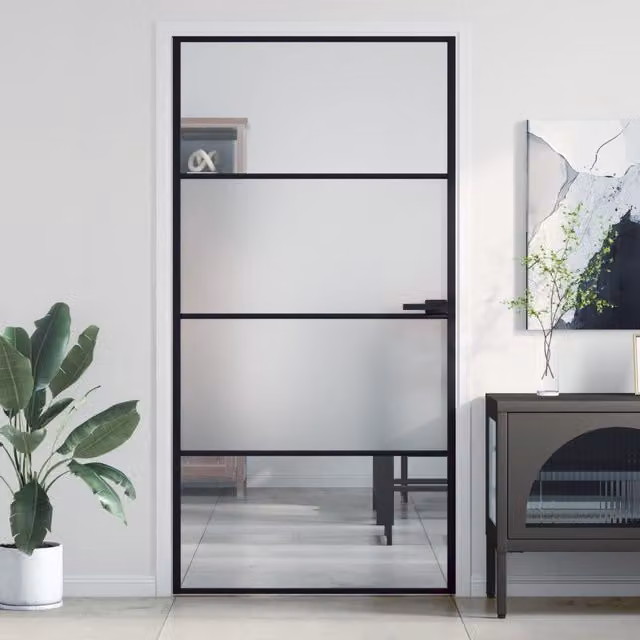 Berkfield Modern Slim Interior Door in Black with Transparent Tempered Glass and Aluminium, W: 102.5 cm, H: 201.5 cm