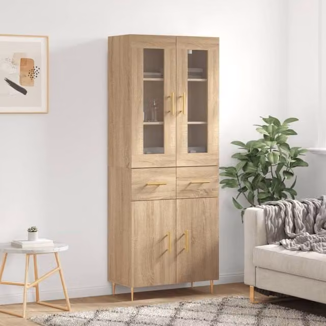 Berkfield Home Sonoma Oak Highboard in Brown with Glass Doors, W/D/H: 69.5 x 34 x 180 cm