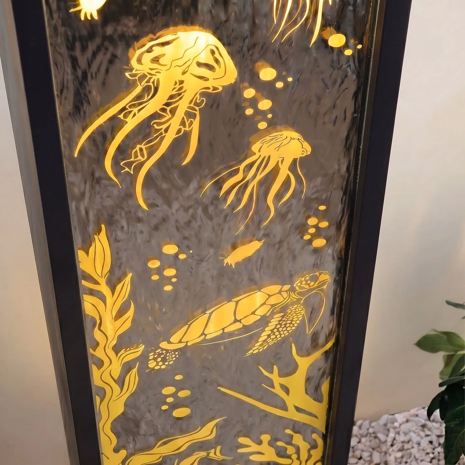 Primrose Modern Rectangular Mirror Water Feature with Ocean Floor Design and LED Lights in Brown – 2
