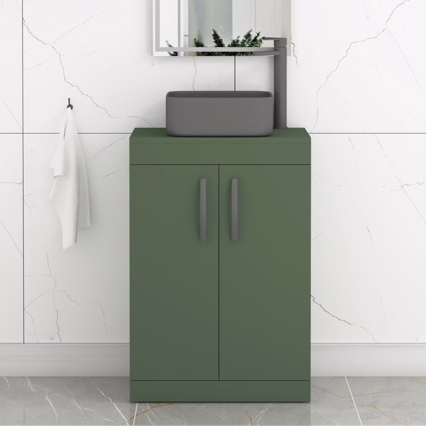 Royal Bathrooms Turin 600mm Floor Standing 2 Door Vanity Unit in Matt Green with Art Square Countertop Basin and Matt Black Handles