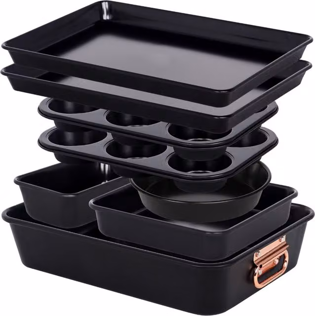 Gr8 Home 8 Piece Non Stick Carbon Steel Stackable Bakeware Set in Black with Gold Handles