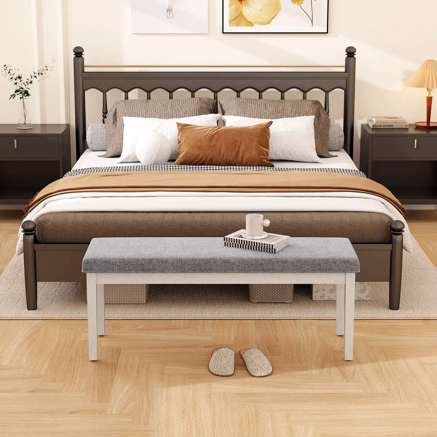 Gymax Modern Upholstered Grey Linen Dining and Shoe Bench with Rubberwood Frame – 5
