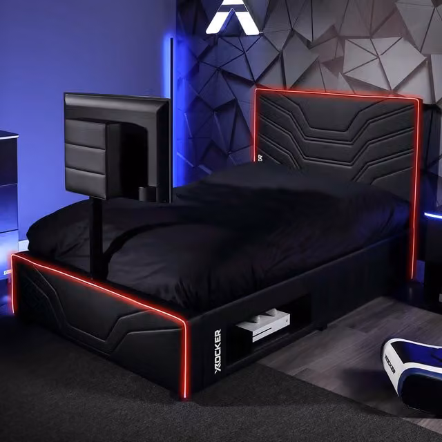 X Rocker Oracle TV Bed in Black with LED Lighting, Underbed Media Storage and Mattress, Size: Double (140 x 200 cm)
