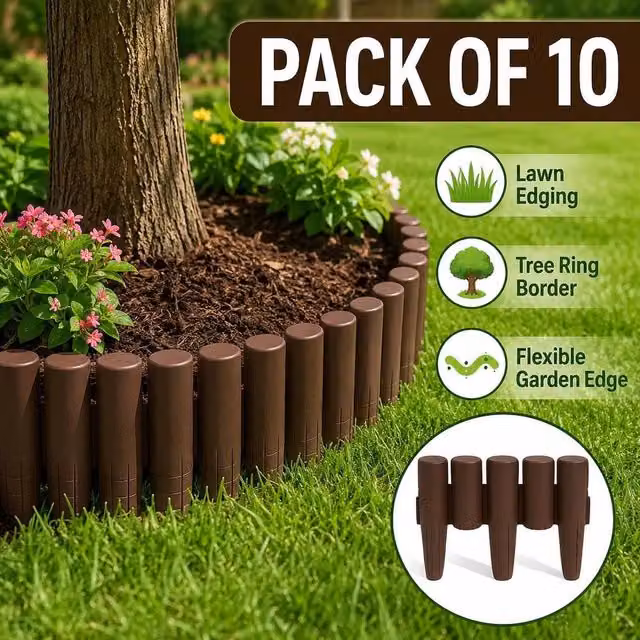NESTLUNE Brown Wood Garden Edging Fence, 10 Pieces, W: 100 cm, H: 15 cm – 1
