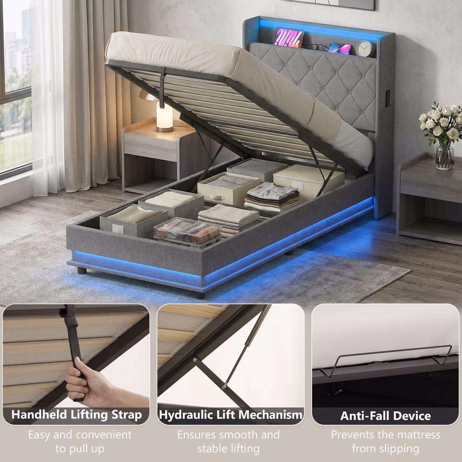 HOMCOM Single Bed Frame with Headboard, Hydraulic Storage, LED Lights and USB Charging Station, Grey, W/D/H: 90 x 190 cm – 7