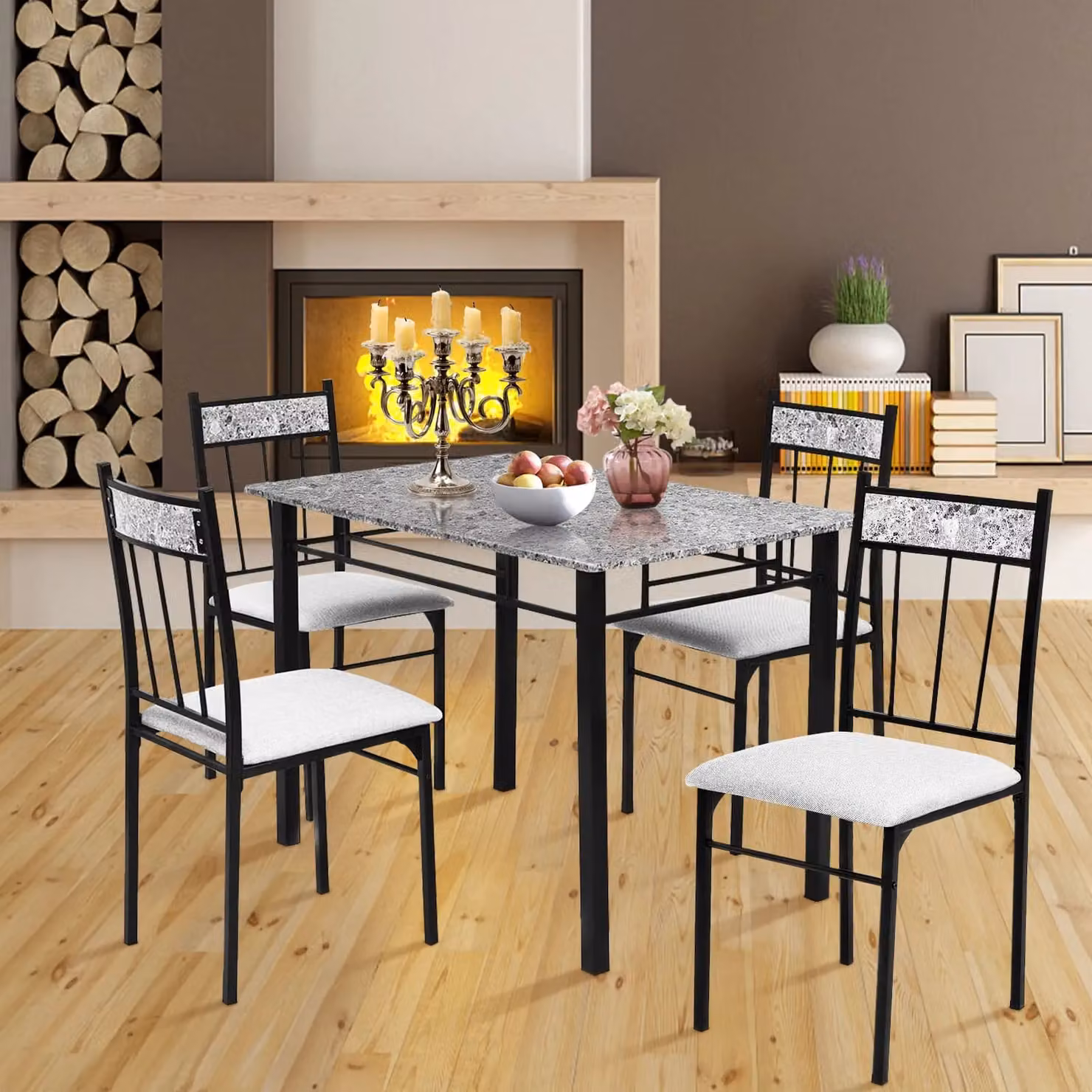 Costway 5-piece Marble Kitchen Dining Set with Sponge Cushioned Chairs in Grey – 2