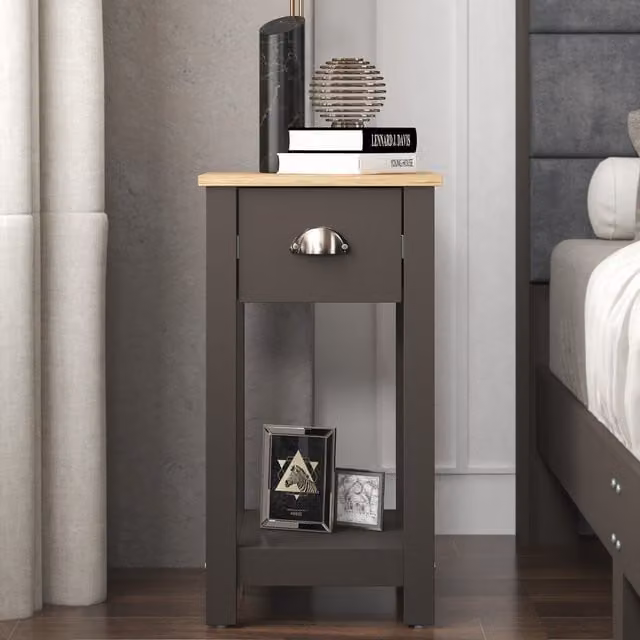 Galano Lilly Slim Side Table with Storage Drawer in Fossil Grey, W: 35.0 cm, D: 32.0 cm, H: 59.5 cm