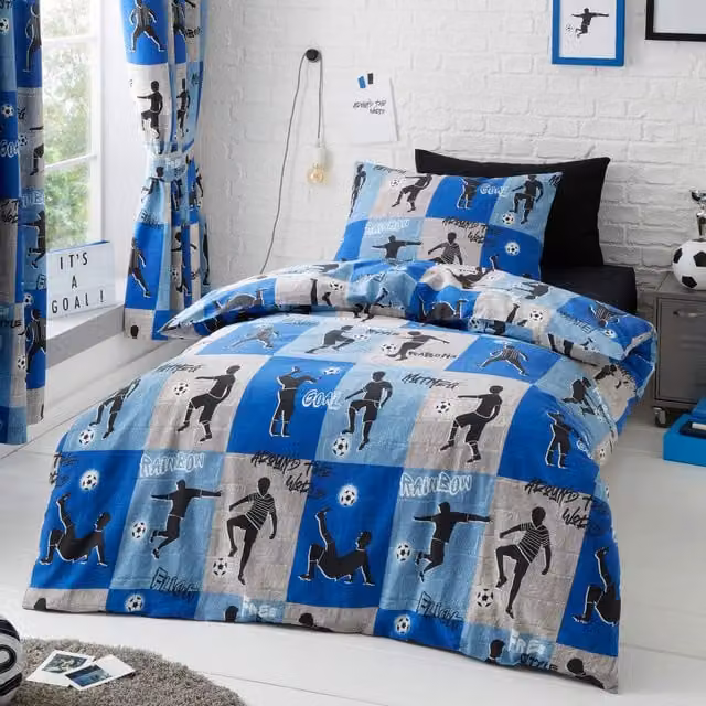 Happy Linen Company Blue Reversible Freestyle Football Kids Bedding Duvet Cover and Pillowcase Set, W/D/H: 140 x 200 cm and 50 x 75 cm