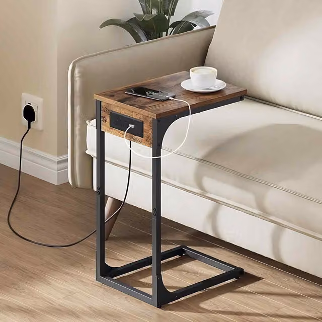 The Bazaarist C Shaped Side Table with USB Charging Station in Rustic Brown