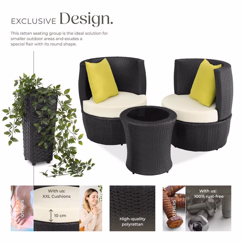 tectake Nizza Modern Polyrattan Garden Seating Set in Black with 2-Seater Sofa, Armchairs, Coffee Table and Upholstered Cushions – 3