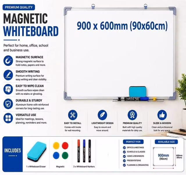ATEK Magnetic Whiteboard with Pen Tray, Silver Aluminum Frame, White, W: 90 cm, H: 60 cm – 1