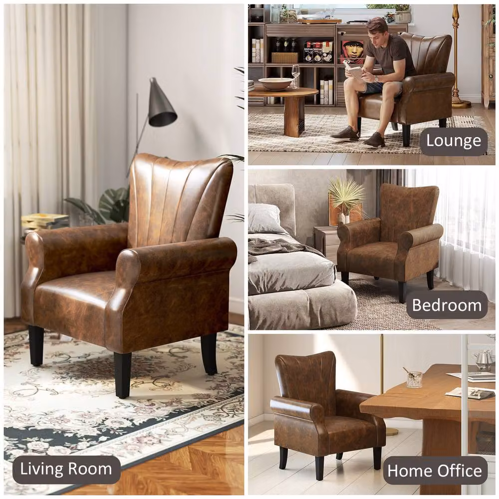 STILVORA Classic Lounge Armchair with Solid Wood Frame and Brown Synthetic Leather – 6