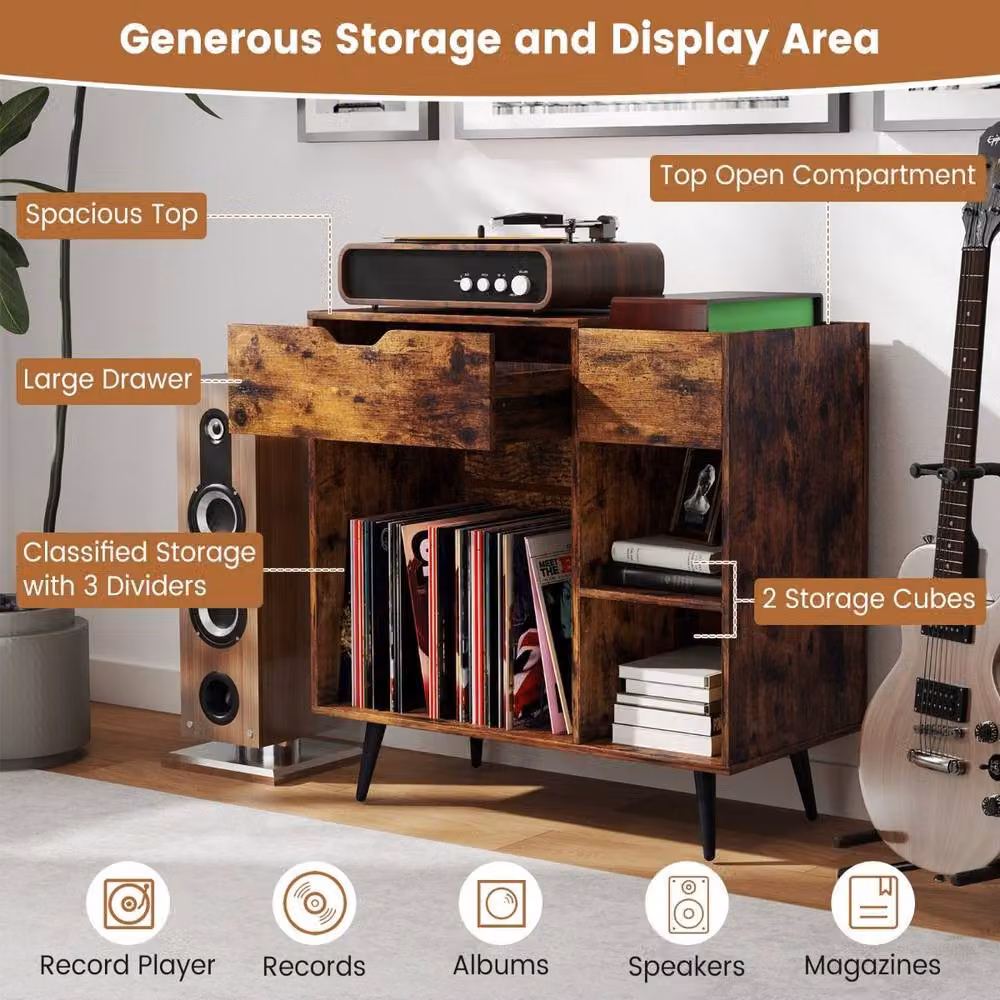 Costway Wooden Record Player Stand and Turntable End Table with Built-In Power Strip in Brown – 6