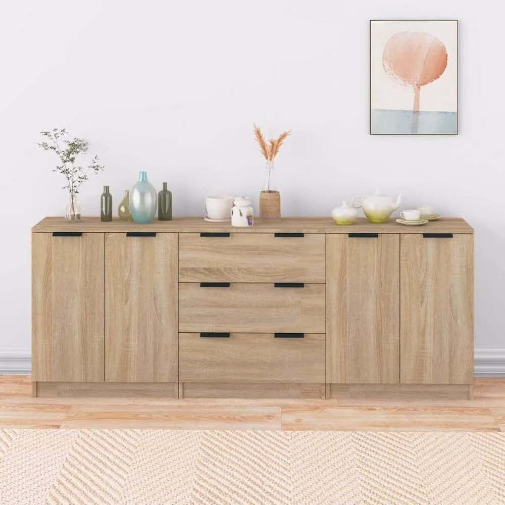 Berkfield Home 3 Piece Sideboard Set in Sonoma Oak and Beige Engineered Wood