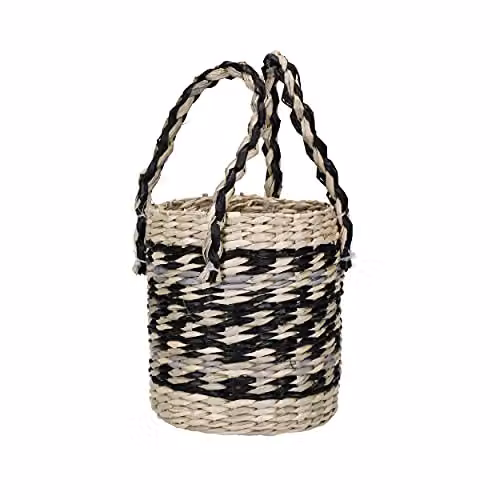 KitchenCraft Striped Seagrass Plant Basket with Handles, Round Rattan Indoor Planter, W/D/H: 11 x 11 x 19 cm – 1