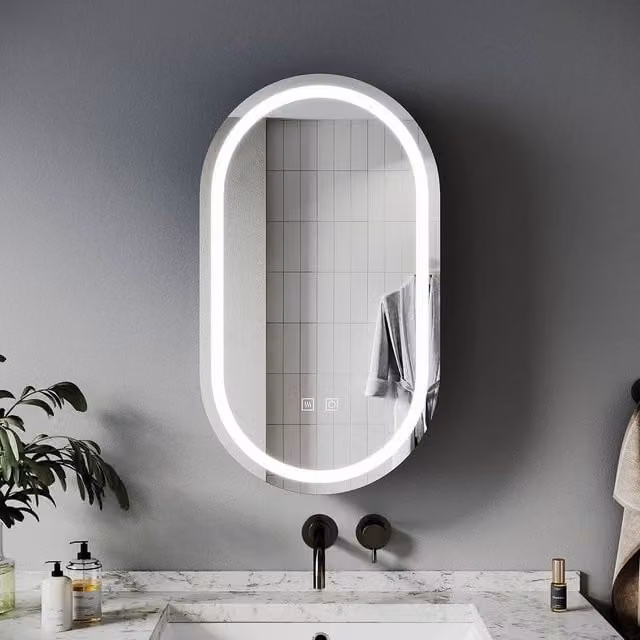 FLAVORA Black Oval Bathroom Mirror Cabinet with LED Lighting and Soft Close Hinged Doors – 1