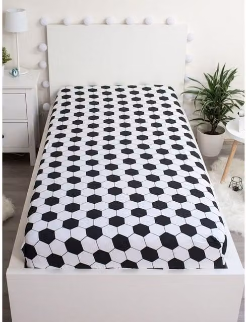 Jerry Fabrics Cotton Football Fitted Sheet for Adults, Black/White, W: 90 cm, L: 190 cm
