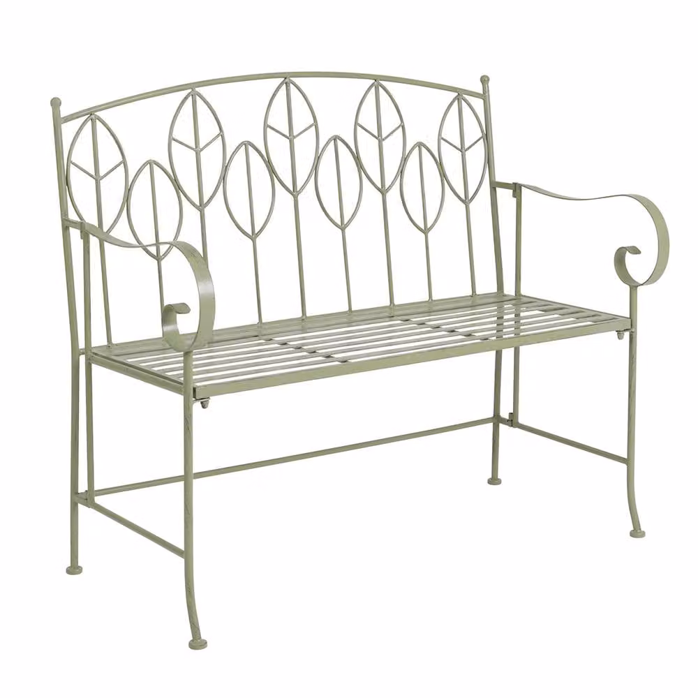 Charles Bentley Rustic Green Metal Garden Bench with Floral Leaf Design and Armrests – 2