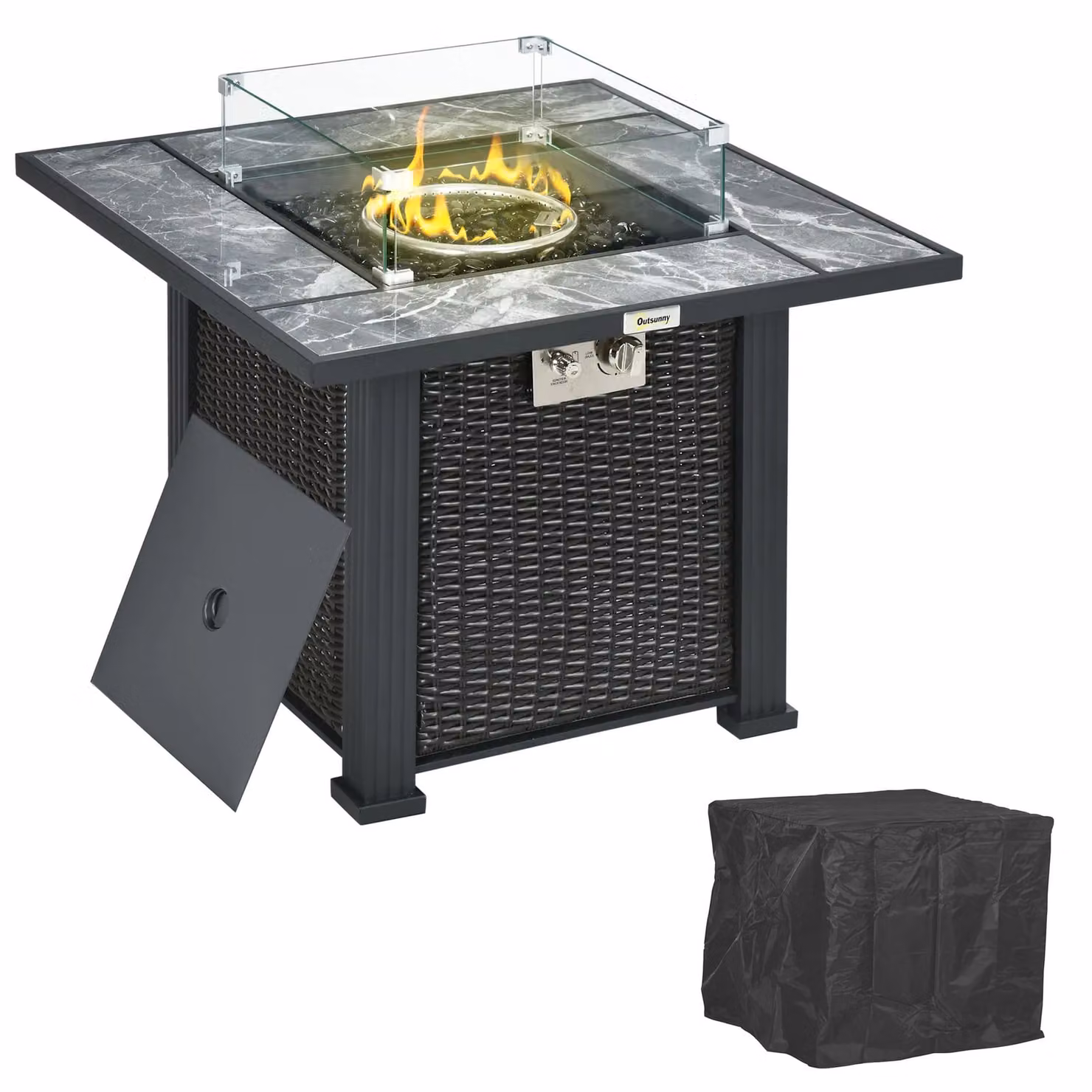 OUTSUNNY Black Rattan Gas Fire Pit Table with Rain Cover, Windscreen and Glass Stones, 50,000 BTU, W/D/H: 80 x 61 x 49 cm – 2