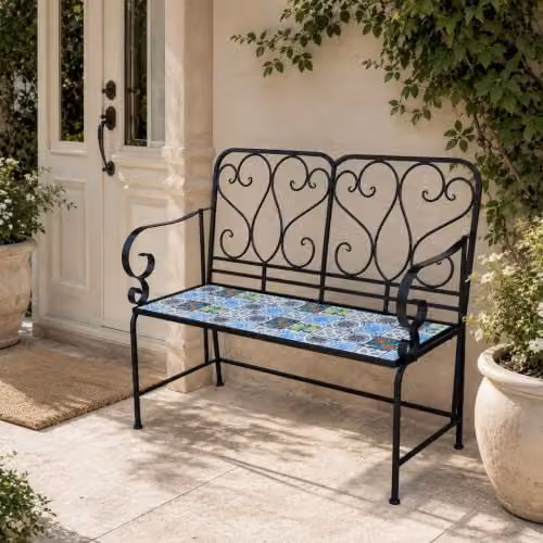 SHATCHI Lisbon 2 Seater Mosaic Garden Bench with Metal Frame and Glossy Geometric Ceramic Tile Seat, W: 112 cm, H: 96 cm, D: 47 cm – 4
