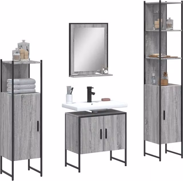 Berkfield Home 4 Piece Grey Wall Mounted Bathroom Cabinet Set with Hinged Doors and Open Shelving – 1